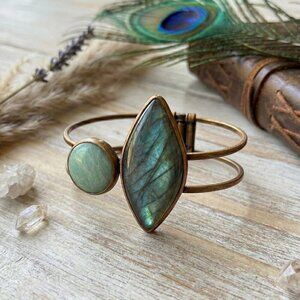 Boho Artisan Genuine Labradorite Amazonite Antique Bronze Copper Cuff Bracelet